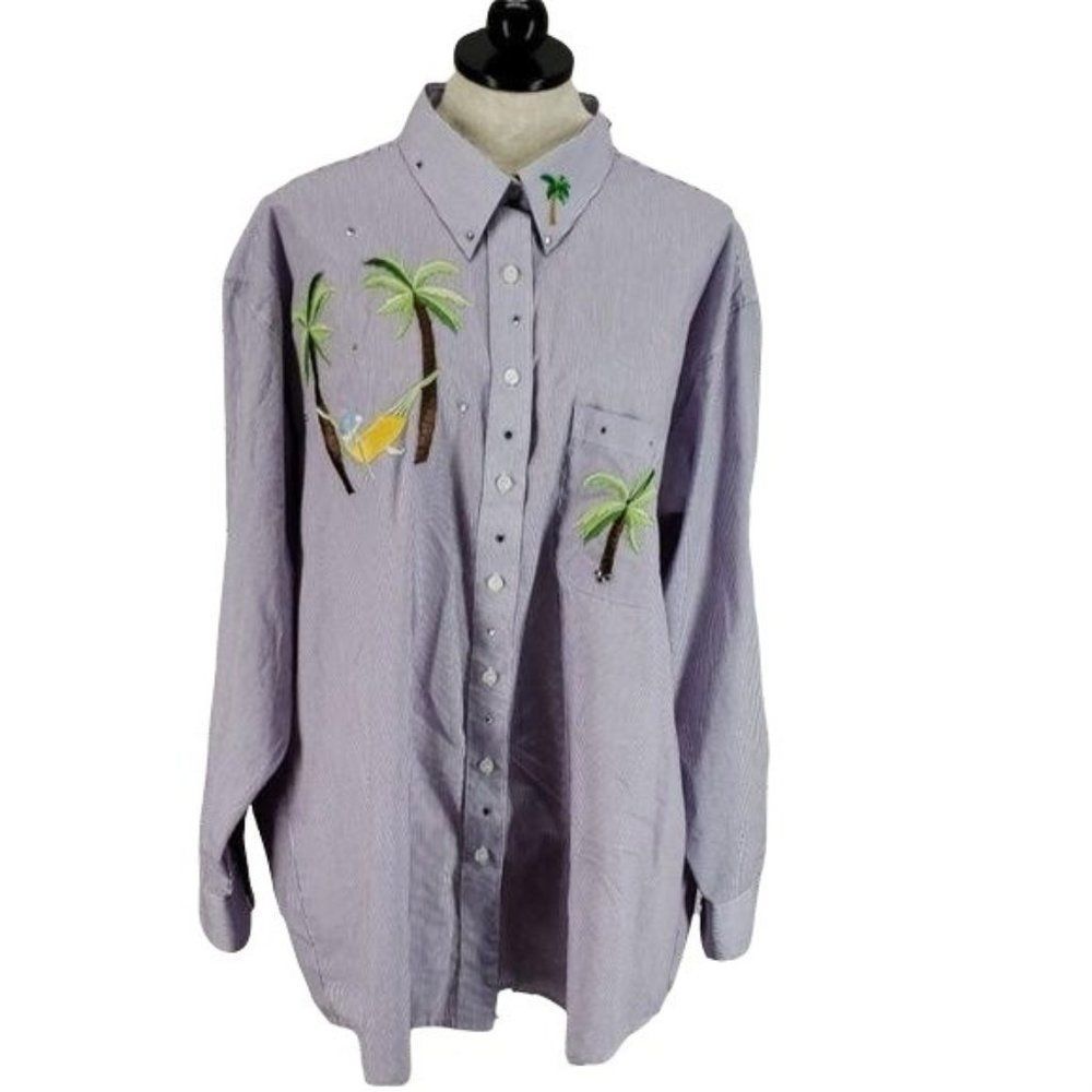 Hana Purple Vacation Tropical‎ Purple Striped Button Down Long Sleeve Shirt 1XL